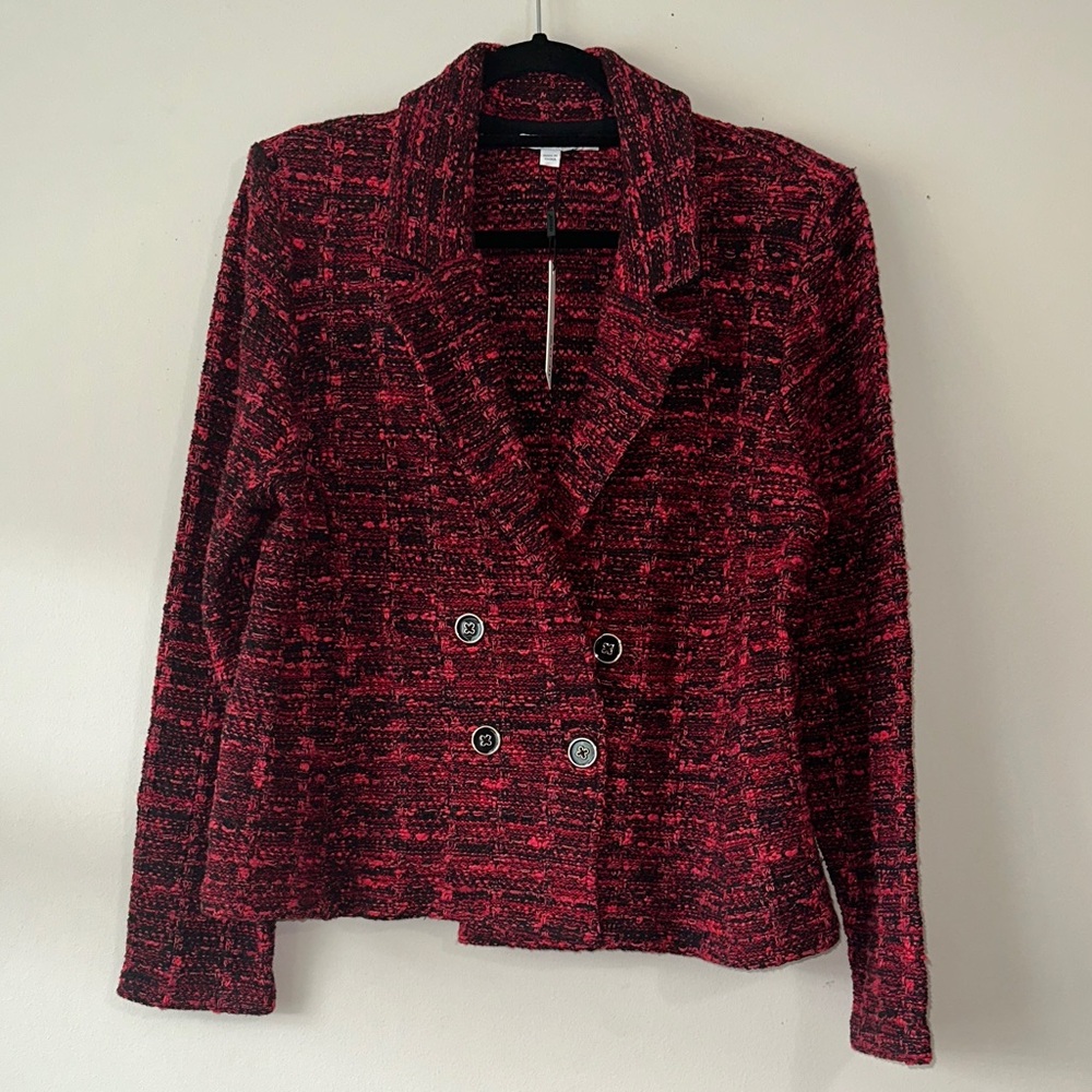 Chico's Red Allure Tweed plaid Blazer cardigan sweater - Picture 4 of 15